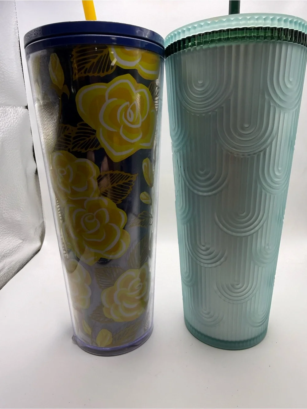 Starbucks (2) Double-Wall Reusable Tumblers with Straw - Yellow Floral / Mint